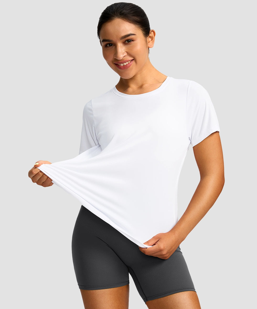 women's crew neck curved-hem sun tee in white - fabric detail view