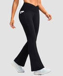 women's crossover thermal flare leggings in black- pocket details view