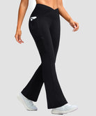 women's crossover thermal flare leggings in black- pocket details view