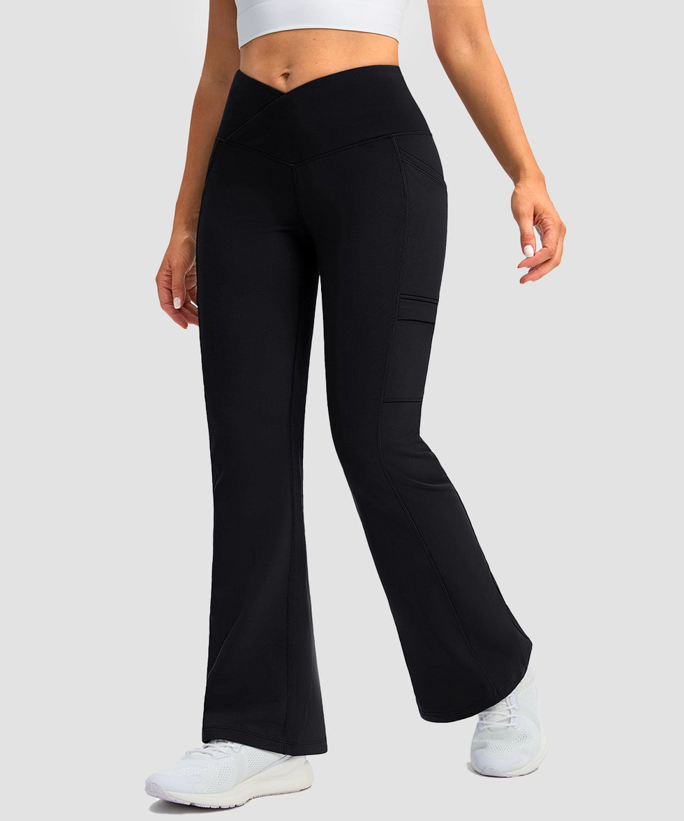 women's crossover thermal flare leggings in black- side view