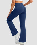 women's crossover thermal flare leggings in blue- back view