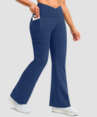 women's crossover thermal flare leggings in blue- pocket details view