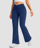 women's crossover thermal flare leggings in blue- side view