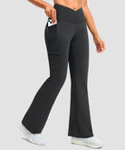 women's crossover thermal flare leggings in dark grey- pocket details view