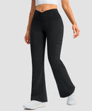 women's crossover thermal flare leggings in dark grey- side view
