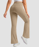 women's crossover thermal flare leggings in light khaki- back view