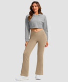 women's crossover thermal flare leggings in light khaki- front view