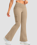 women's crossover thermal flare leggings in light khaki- pocket details view