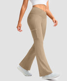 women's crossover thermal flare leggings in light khaki- side view