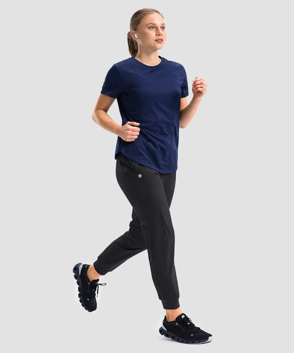 women's drawstring mid waist joggers in black - front view