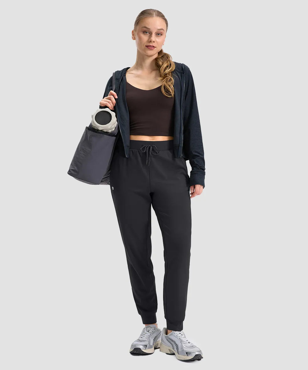 women's drawstring mid waist joggers in black - matching outfits view