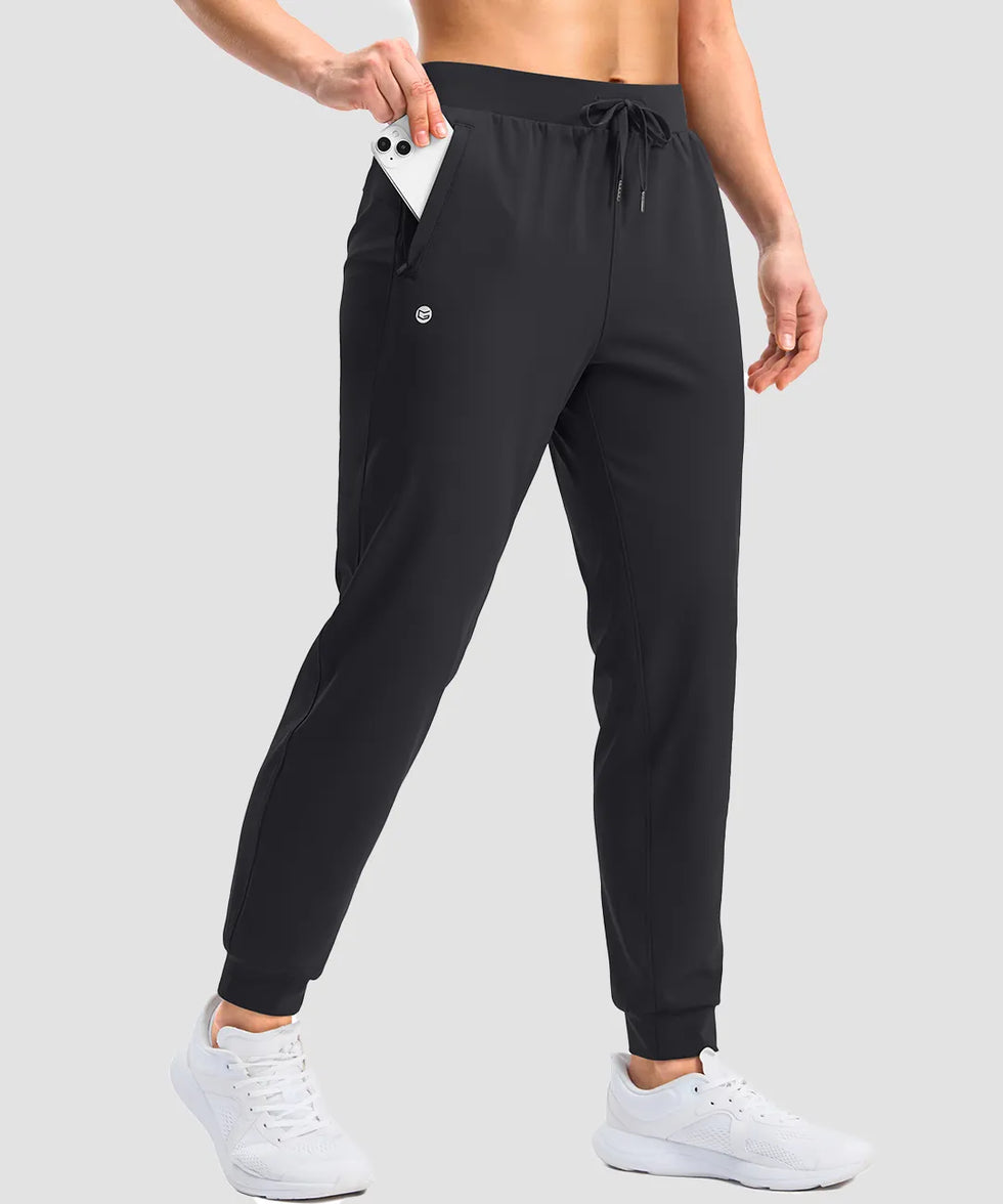 women's drawstring mid waist joggers in black - pocket detail