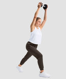 women's drawstring mid waist joggers in brown - side view