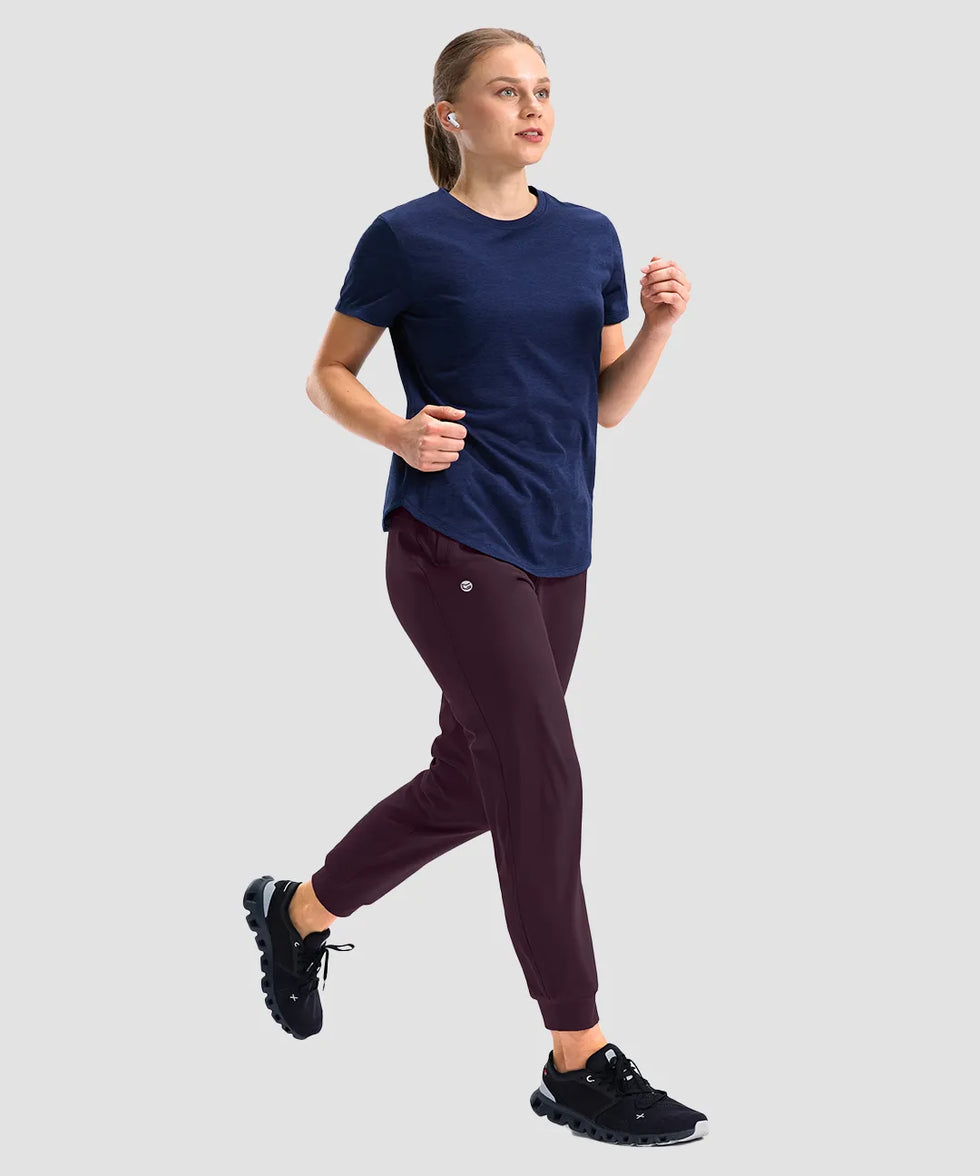 women's drawstring mid waist joggers in date red - side view