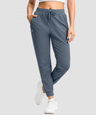 women's drawstring mid waist joggers in dusty blue - pocket detail