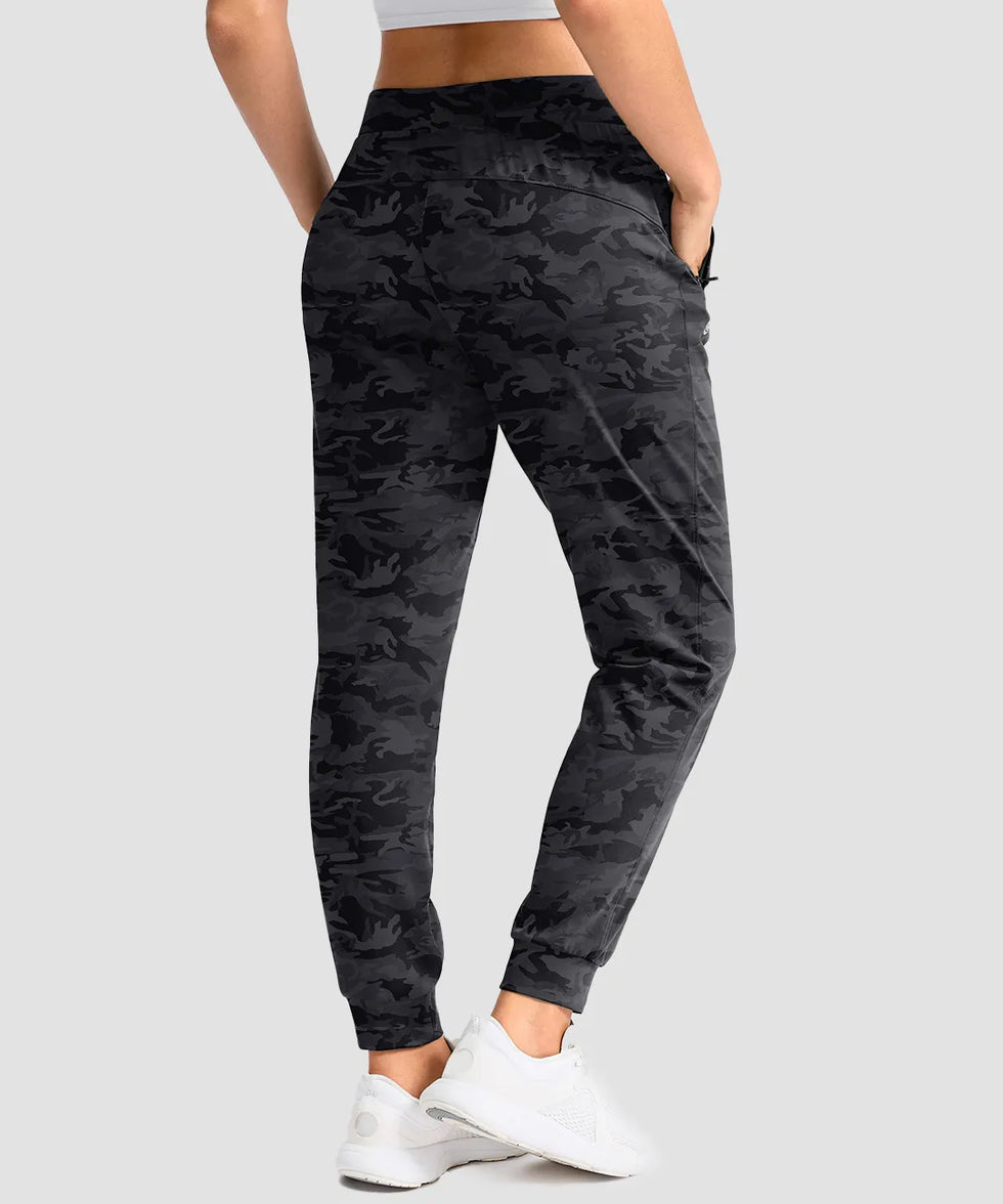 women's drawstring mid waist joggers in gray camo - back view