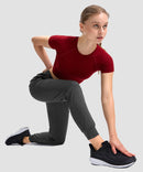 women's drawstring mid waist joggers in heather charcoal - front view