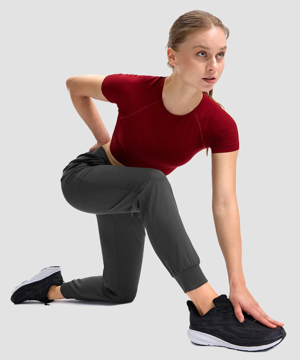 women's drawstring mid waist joggers in heather charcoal - front view