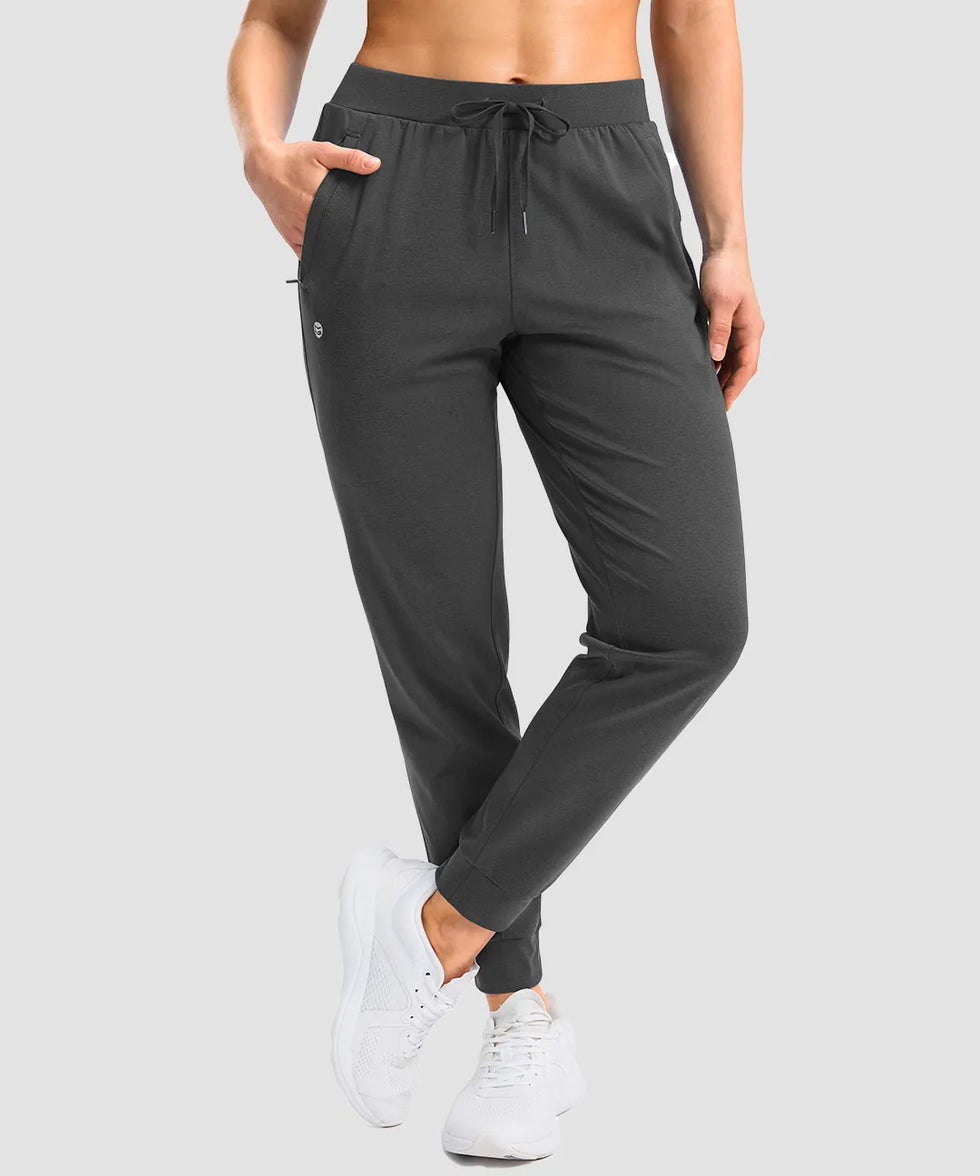 women's drawstring mid waist joggers in heather charcoal - pocket detail