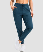 women's drawstring mid waist joggers in heather dark blue - front view