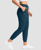 women's drawstring mid waist joggers in heather dark blue - pocket detail