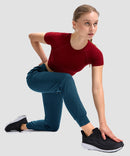 women's drawstring mid waist joggers in heather dark blue - side view
