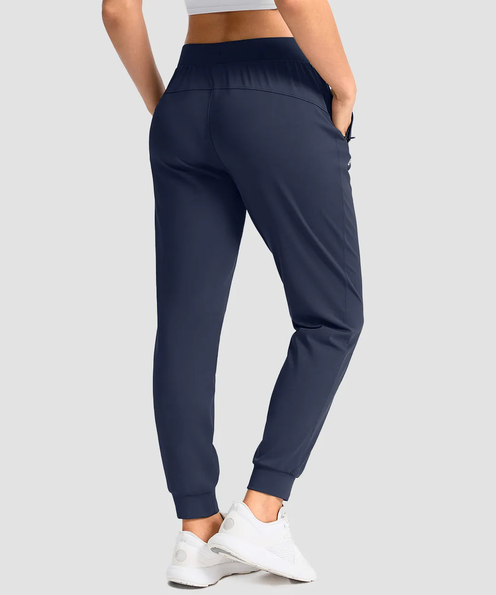 women's drawstring mid waist joggers in navy - back view