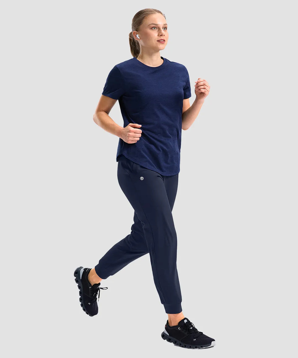 women's drawstring mid waist joggers in navy - front view