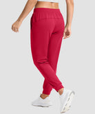 women's drawstring mid waist joggers in red - back view