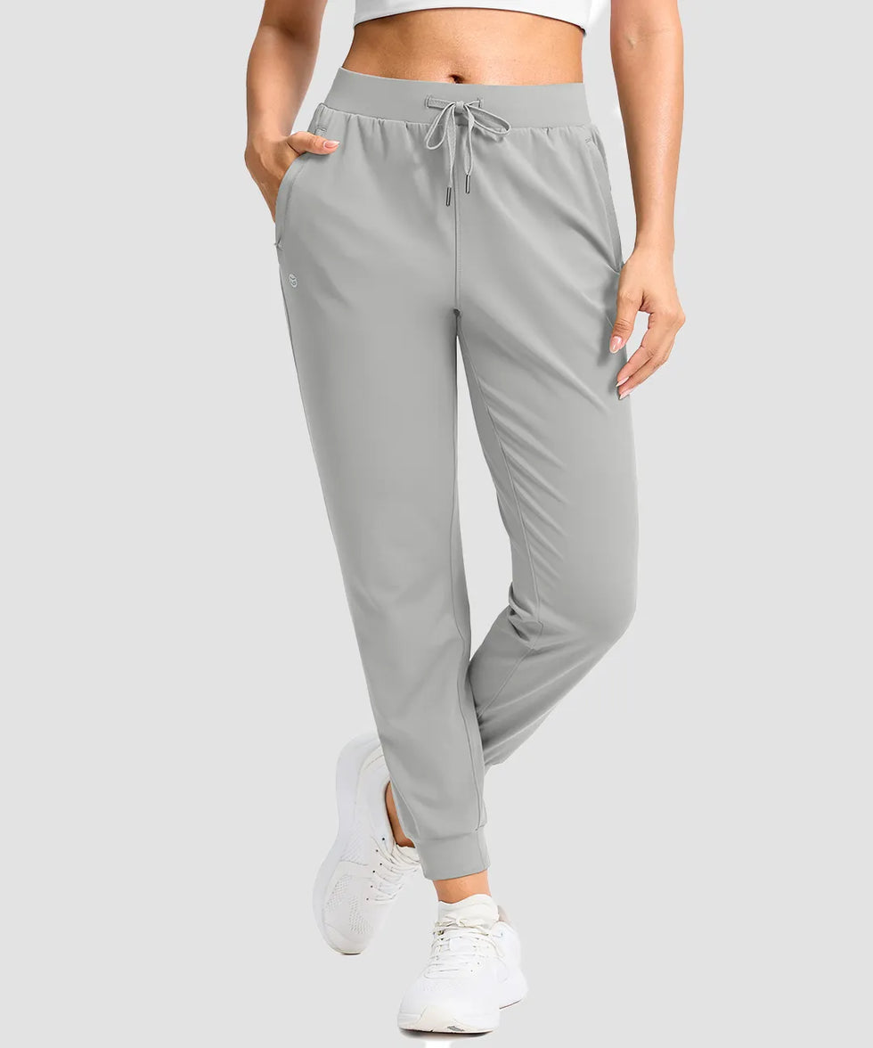 women's drawstring mid waist joggers in silver - front view