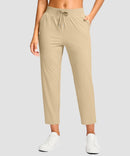 women's drawstring with pockets ankle pants in light khaki - front view