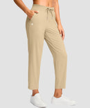 women's drawstring with pockets ankle pants in light khaki - pocket detail view