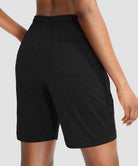 women's drawstring with pockets shorts 7'' in black - back view