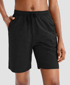 women's drawstring with pockets shorts 7'' in black - front view