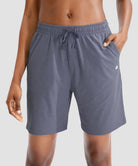 women's drawstring with pockets shorts 7'' in dusty blue - front view