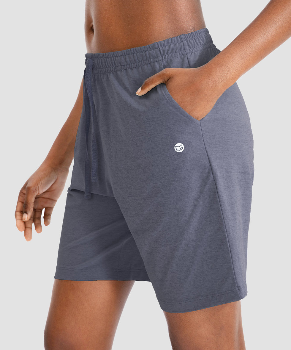 women's drawstring with pockets shorts 7'' in dusty blue - pocket details view