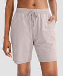 women's drawstring with pockets shorts 7'' in oatmeal - front view