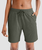 women's drawstring with pockets shorts 7'' in olive green - front view