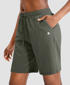 women's drawstring with pockets shorts 9'' in olive green - pocket details view