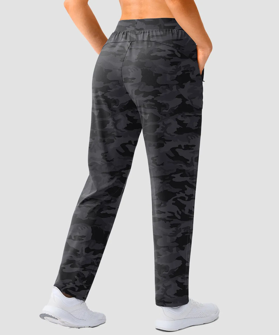 women's elastic waist 2 zip pockets track pants in black camo - back view