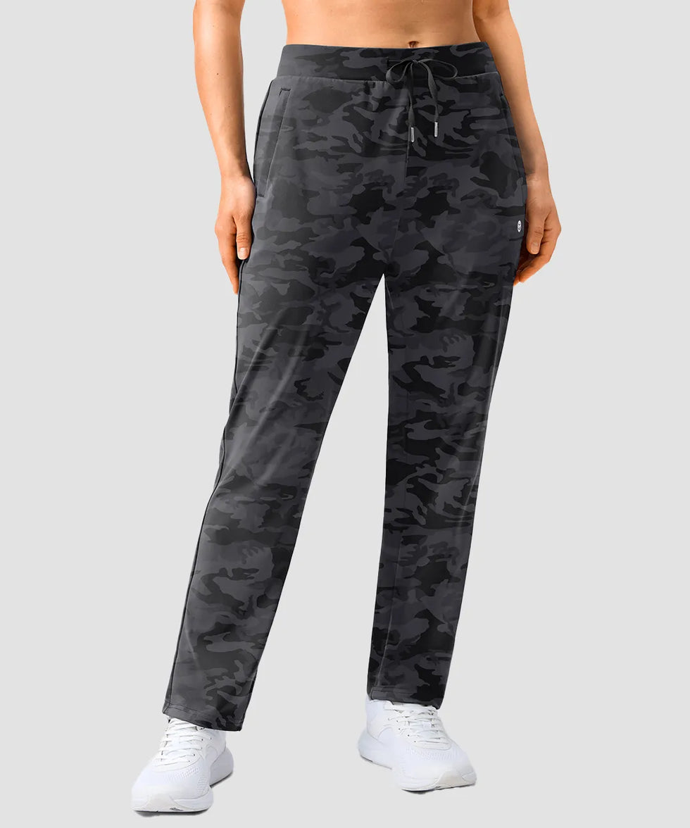 women's elastic waist 2 zip pockets track pants in black camo - front view
