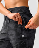 women's elastic waist 2 zip pockets track pants in black camo - pocket detail view