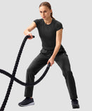 women's elastic waist 2 zip pockets track pants in black - matching outfits view