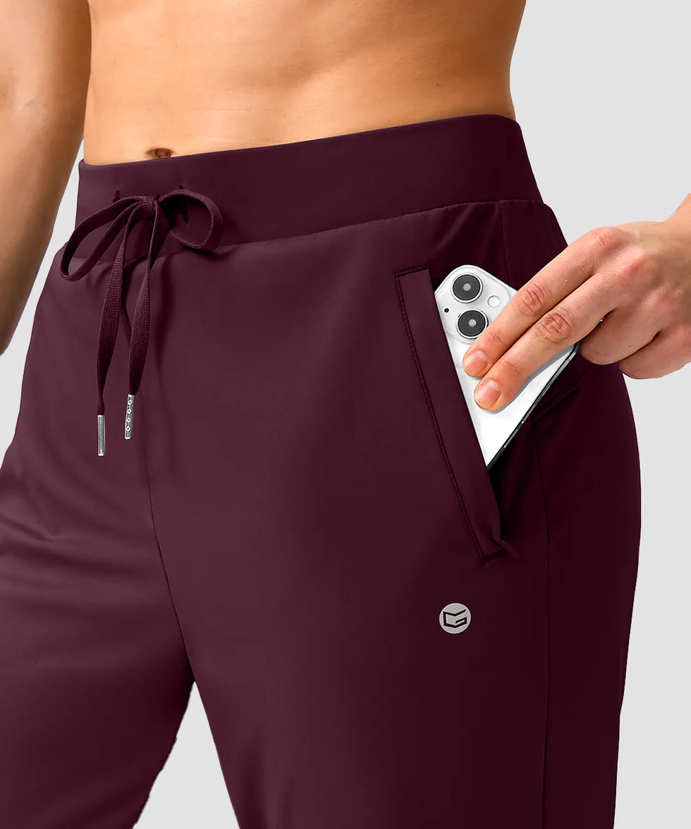 women's elastic waist 2 zip pockets track pants in date red - pocket detail view