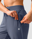 women's elastic waist 2 zip pockets track pants in dusty blue - pocket detail view