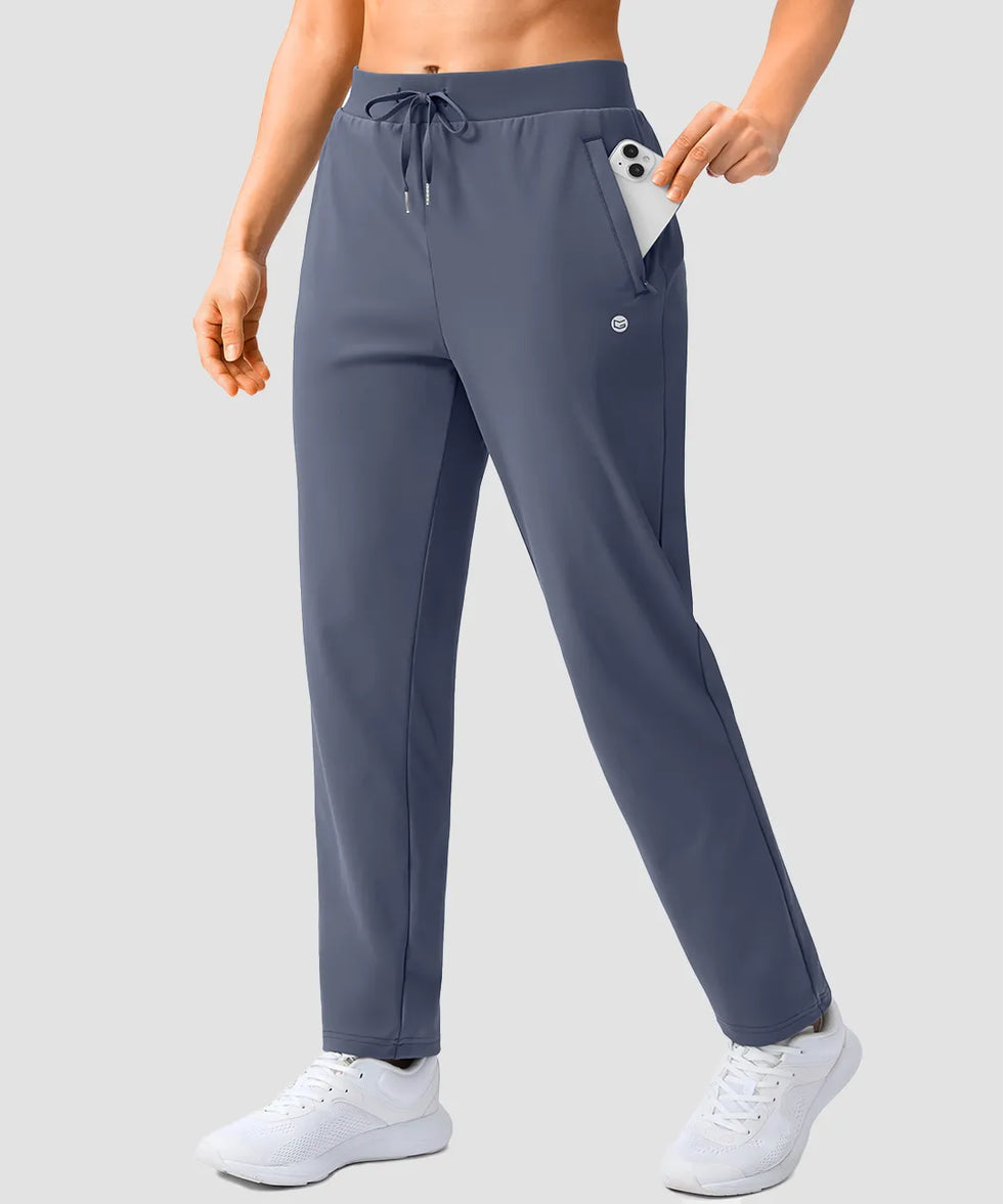 women's elastic waist 2 zip pockets track pants in dusty blue - side view