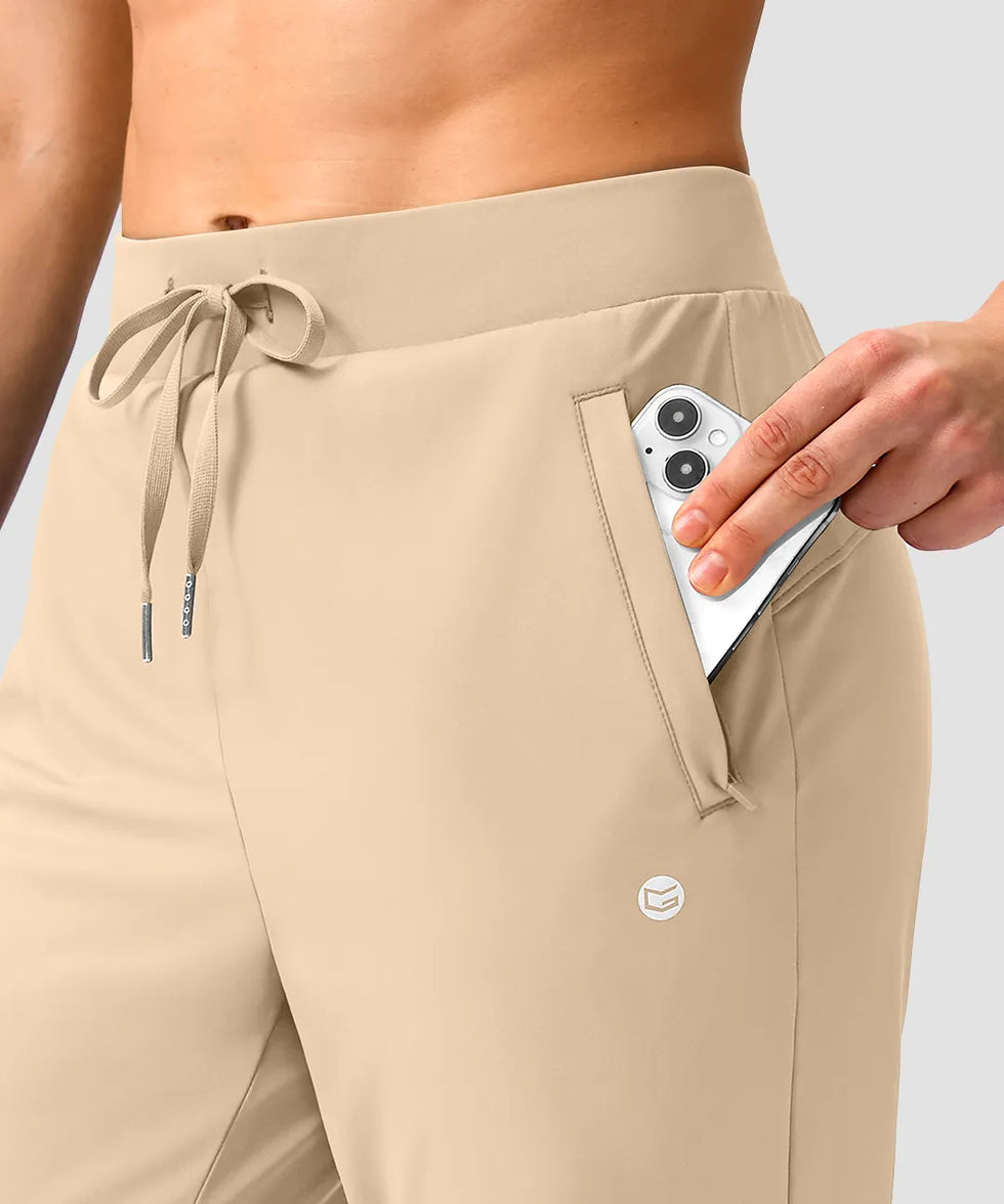 women's elastic waist 2 zip pockets track pants in light khaki - pocket detail view