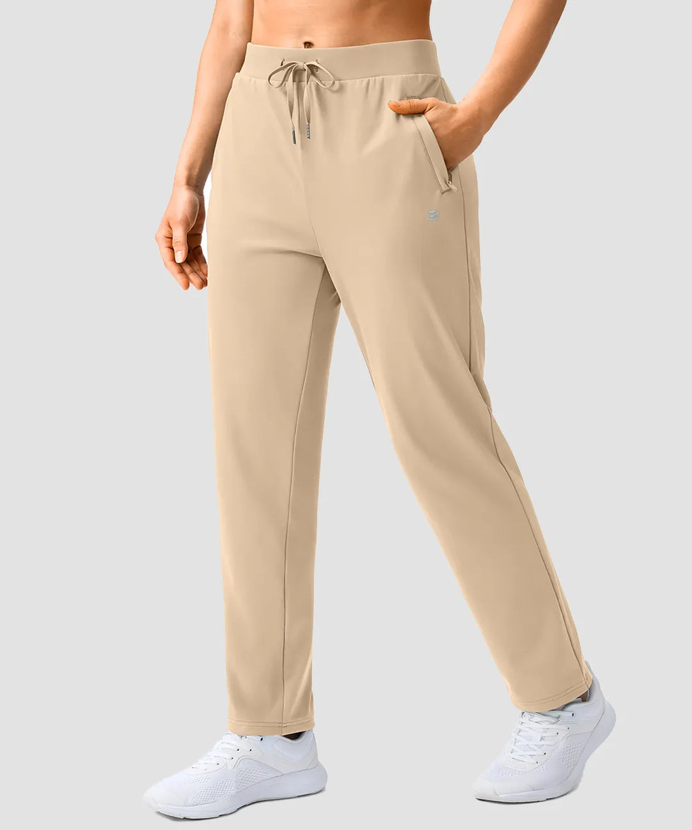 women's elastic waist 2 zip pockets track pants in light khaki - side view