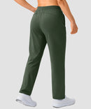 women's elastic waist 2 zip pockets track pants in olive green - back view