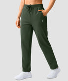 women's elastic waist 2 zip pockets track pants in olive green - side view